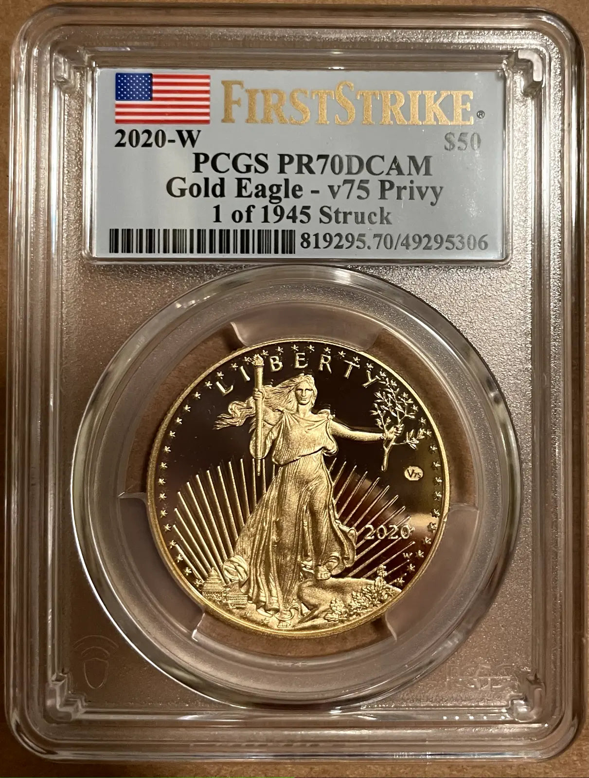 2020-W End of WWII 75th Anniversary $50 1 Oz Gold Eagle V75 PCGS PR70DCAM First Strike