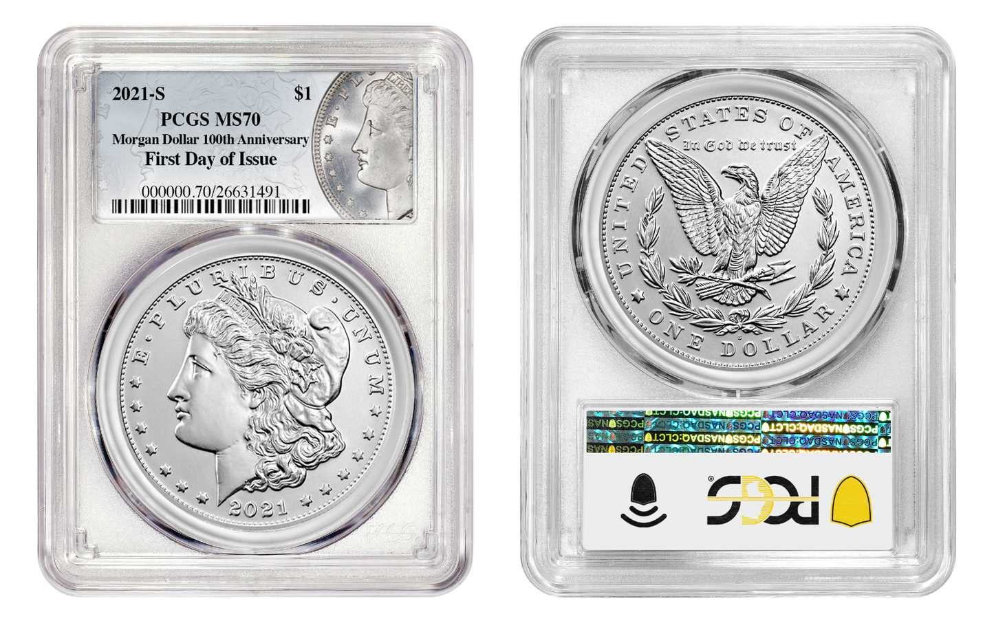 Morgan Silver Dollar 2021 S Mint Mark graded by PCGS MS79 FDI face and reverse